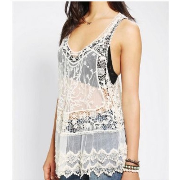 Pins and Needles Tops - Anthropologie Pins & Needles Tank Small Ivory Lace Sheer Crochet Boho Festival